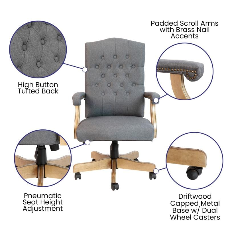 Derrick Gray Fabric Classic Executive Swivel Office Chair with Driftwood Arms and Base