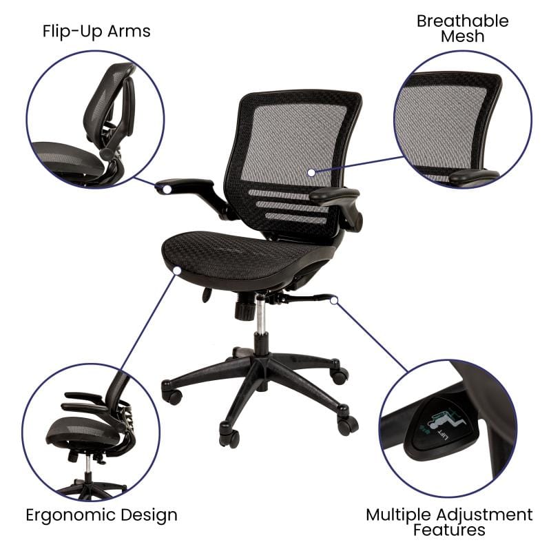 Warfield Mid-Back Transparent Black Mesh Executive Swivel Office Chair with Black Frame and Flip-Up Arms