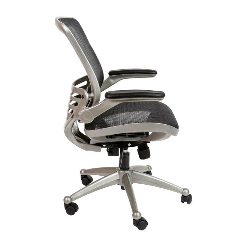 Warfield Mid-Back Transparent Black Mesh Executive Swivel Office Chair with Graphite Silver Frame and Flip-Up Arms