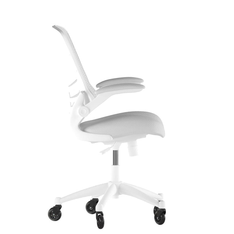 Kelista Mid-Back Light Gray Mesh Swivel Ergonomic Task Office Chair with White Frame, Flip-Up Arms, and Transparent Roller Wheels