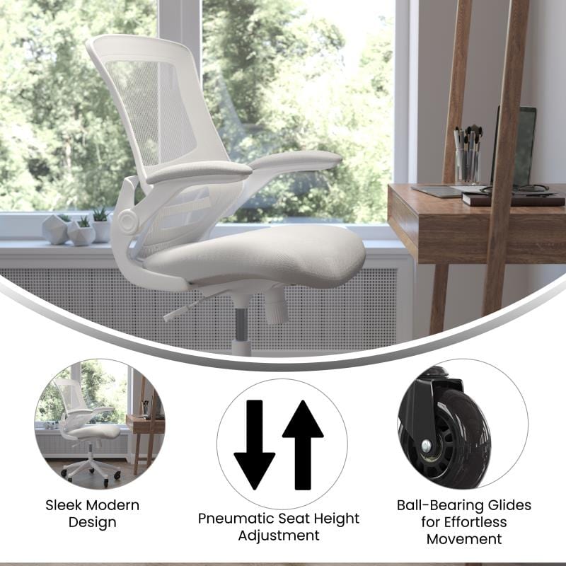 Kelista Mid-Back Light Gray Mesh Swivel Ergonomic Task Office Chair with White Frame, Flip-Up Arms, and Transparent Roller Wheels