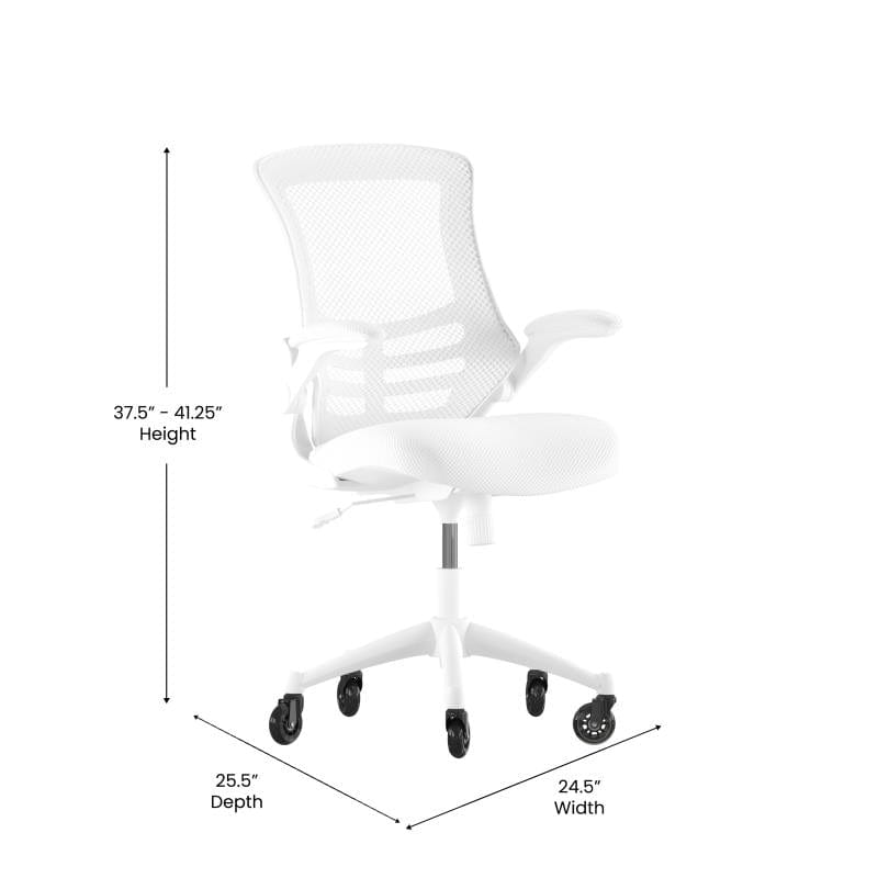 Kelista Mid-Back White Mesh Swivel Ergonomic Task Office Chair with White Frame, Flip-Up Arms, and Transparent Roller Wheels