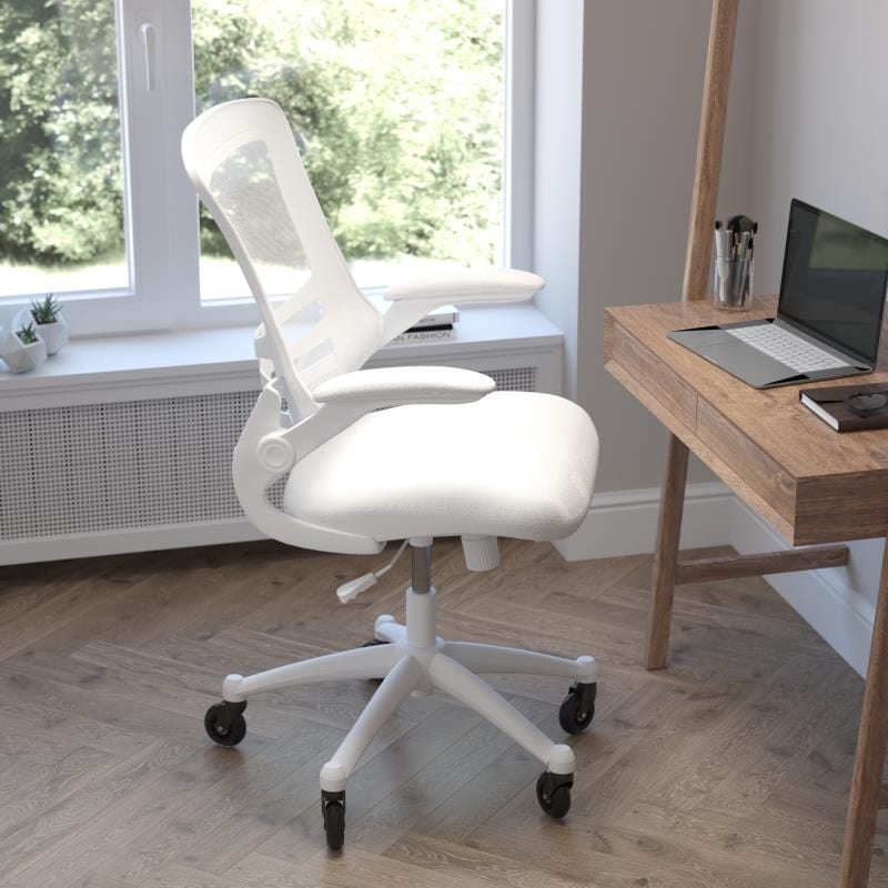 Kelista Mid-Back White Mesh Swivel Ergonomic Task Office Chair with White Frame, Flip-Up Arms, and Transparent Roller Wheels