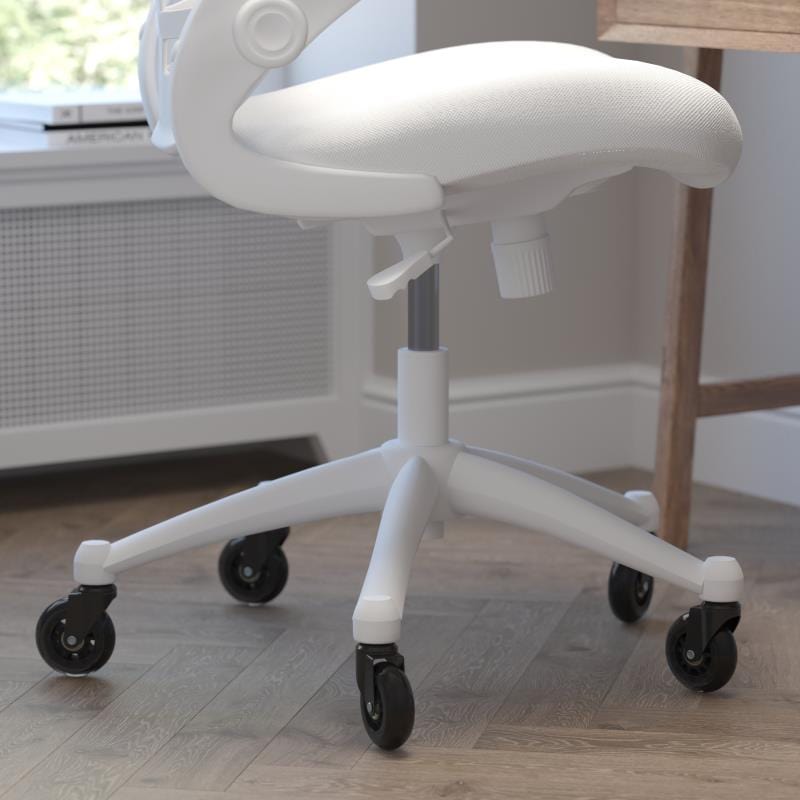 Kelista Mid-Back White Mesh Swivel Ergonomic Task Office Chair with White Frame, Flip-Up Arms, and Transparent Roller Wheels