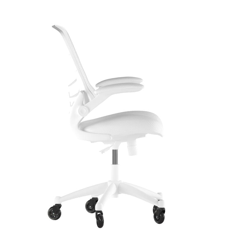 Kelista Mid-Back White Mesh Swivel Ergonomic Task Office Chair with White Frame, Flip-Up Arms, and Transparent Roller Wheels