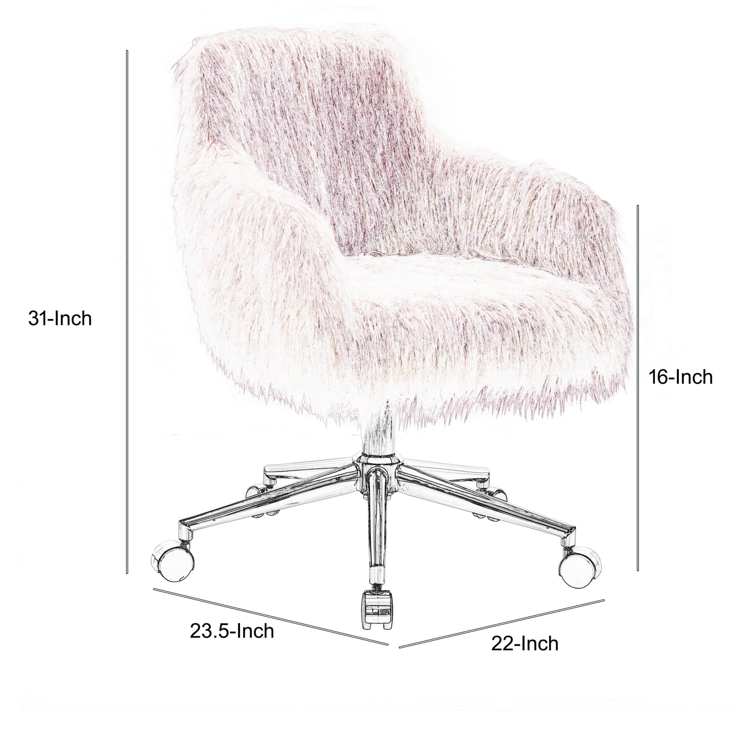 Faux Fur Upholstered Office Chair With Metal Base, Pink And Silver