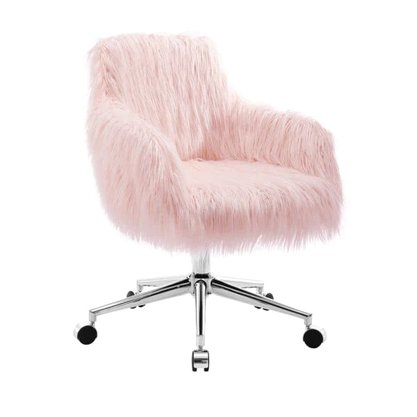 Faux Fur Upholstered Office Chair With Metal Base, Pink And Silver