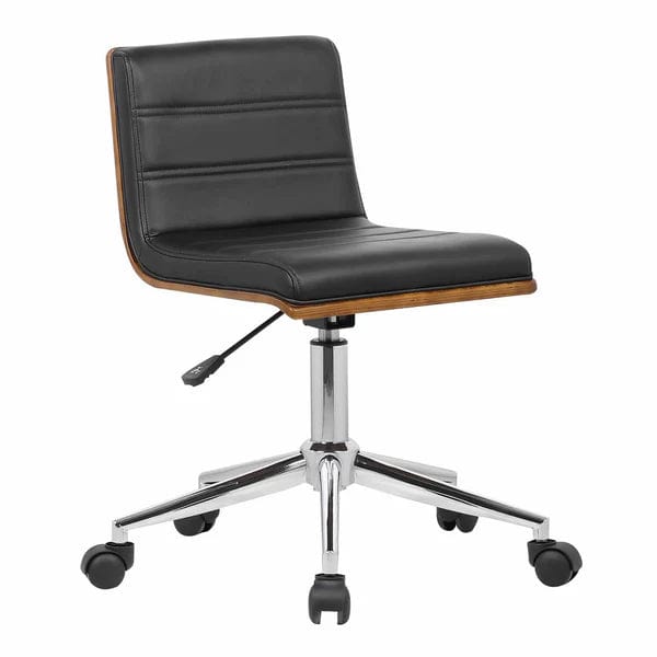 Stitched Leatherette Wooden Frame Adjustable Office Chair, Brown and Black