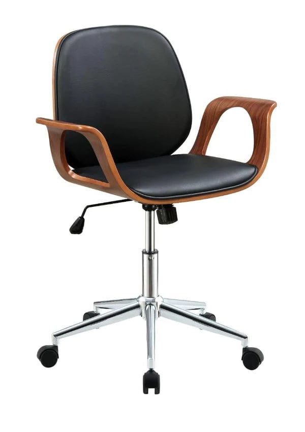 Wood and Metal Office Arm Chair with Leatherette Seating, Black and Brown