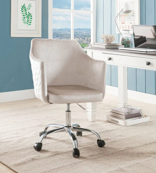 Velvet Upholstered Swivel Office Chair With Adjustable Height And Metal Base, Beige And Silver