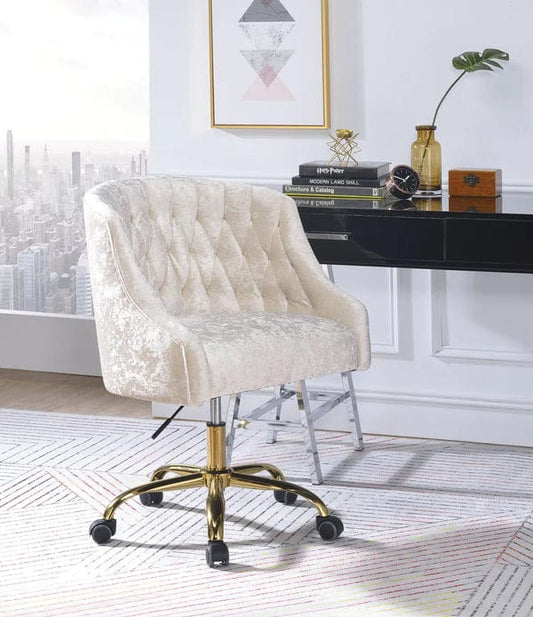 Swivel Velvet Upholstered Office Chair With Adjustable Height And Metal Base, Cream And Gold