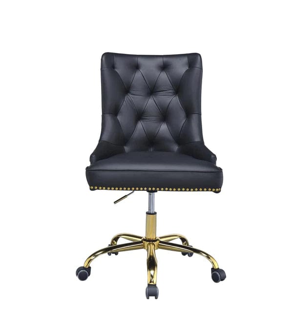 Leatherette Swivel Office Chair With Adjustable Height And Metal Base, Black And Gold