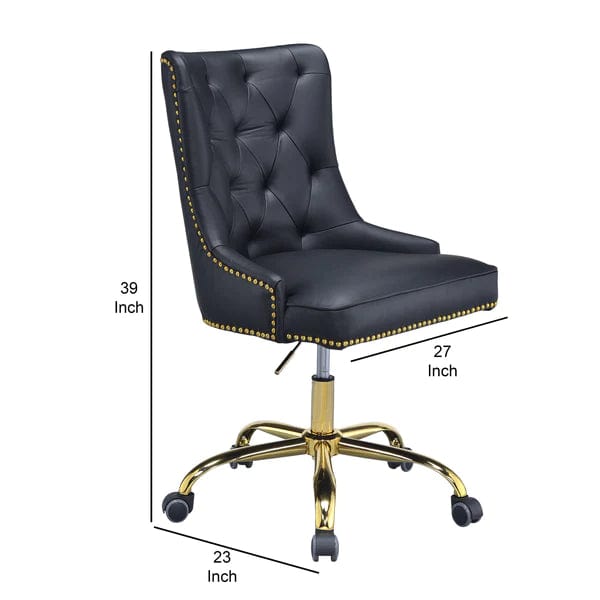 Leatherette Swivel Office Chair With Adjustable Height And Metal Base, Black And Gold