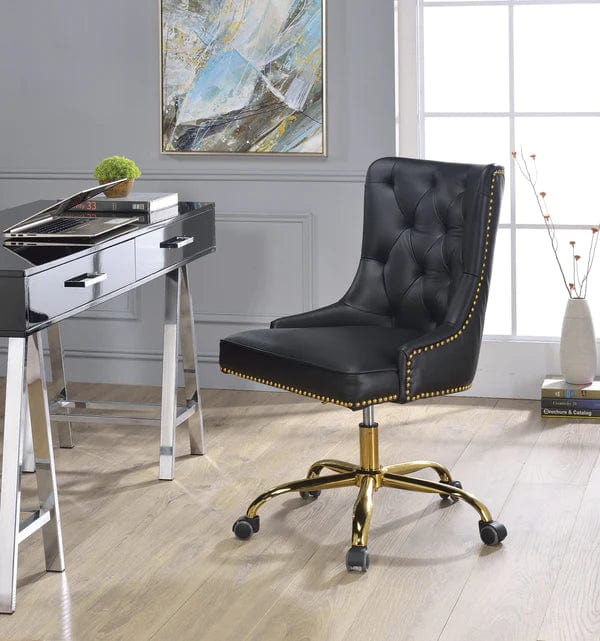 Leatherette Swivel Office Chair With Adjustable Height And Metal Base, Black And Gold