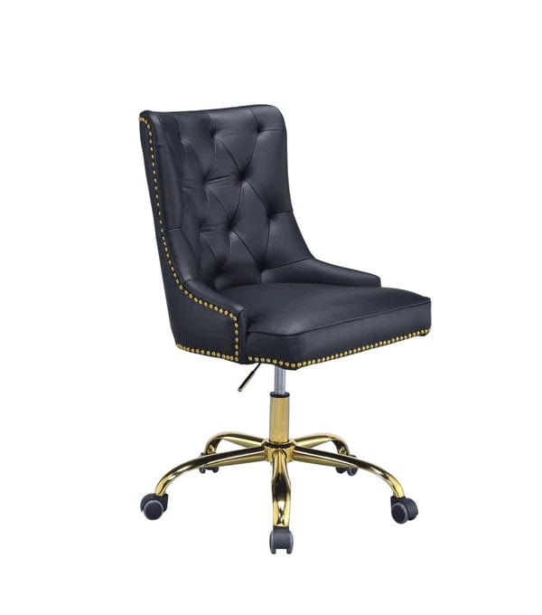 Leatherette Swivel Office Chair With Adjustable Height And Metal Base, Black And Gold