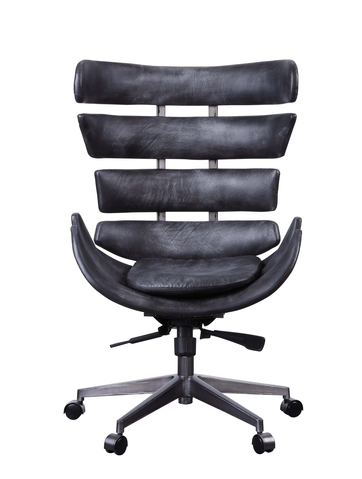 Metal Framed Wingback Office Chair With Leatherette Upholstered Horizontal Panels, Black And Gray