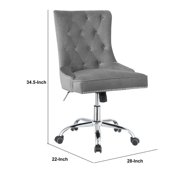 Nailhead Trimmed And Tufted Office Chair With Casters, Gray And Silver