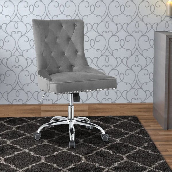 Nailhead Trimmed And Tufted Office Chair With Casters, Gray And Silver