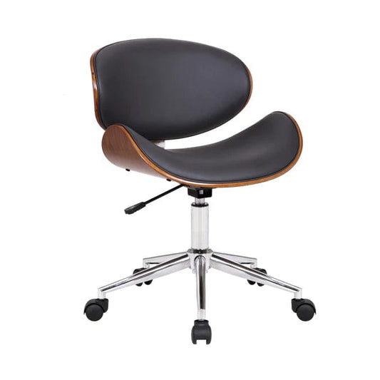 Wooden And Metal Office Chair With Curved Leatherette Seat,Black And Silver