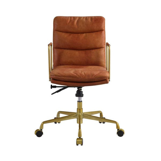 Leatherette Office Chair With Horizontal Tufting And Metal Star Base, Brown