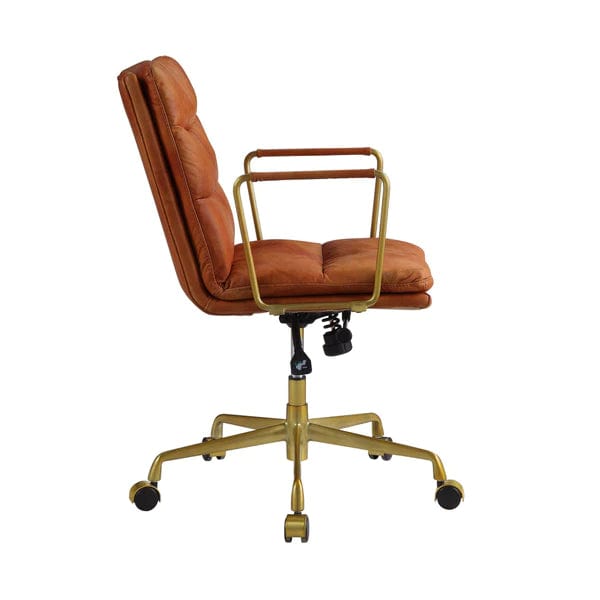 Leatherette Office Chair With Horizontal Tufting And Metal Star Base, Brown