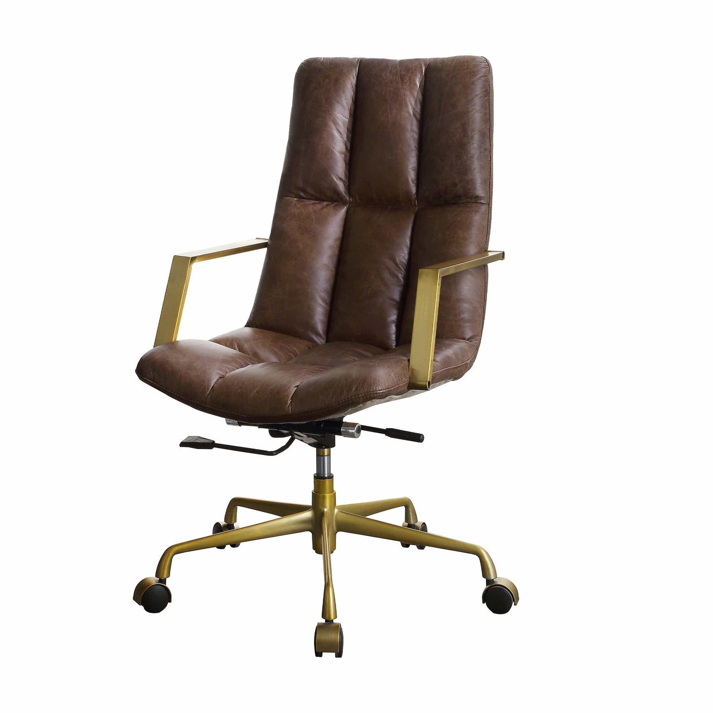 Tufted Leatherette Office Chair With Adjustable Height, Brown And Gold