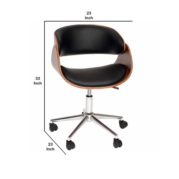 Wooden And Metal Office Chair With Curved Leatherette Seat, Brown And Black