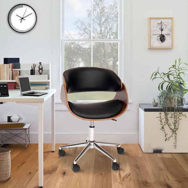 Wooden And Metal Office Chair With Curved Leatherette Seat, Brown And Black