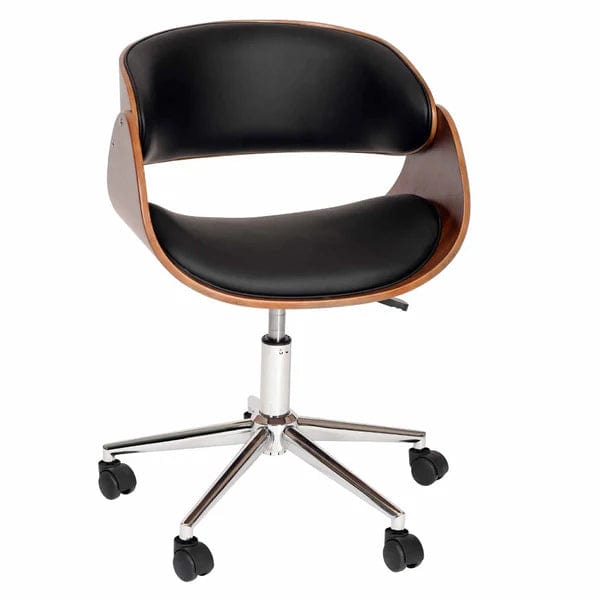 Wooden And Metal Office Chair With Curved Leatherette Seat, Brown And Black