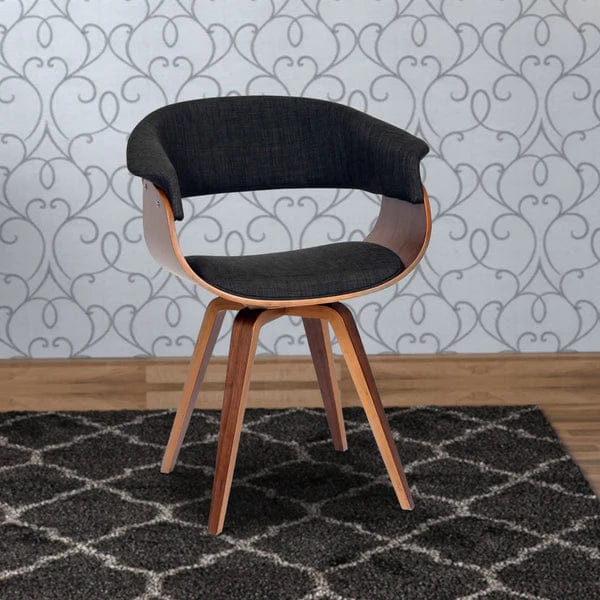 Fabric Padded Curved Seat Chair with Angled Wooden Legs, Charcoal Gray