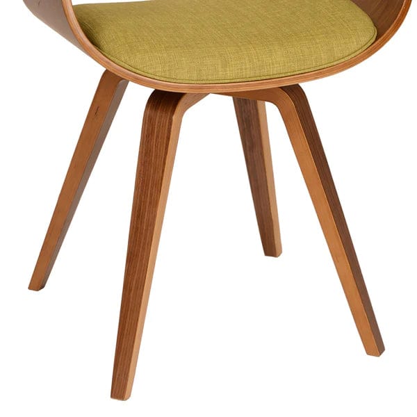 Fabric Padded Curved Seat Chair With Angled Wooden Legs, Green And Brown