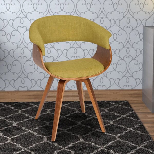 Fabric Padded Curved Seat Chair With Angled Wooden Legs, Green And Brown