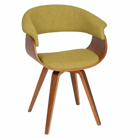 Fabric Padded Curved Seat Chair With Angled Wooden Legs, Green And Brown