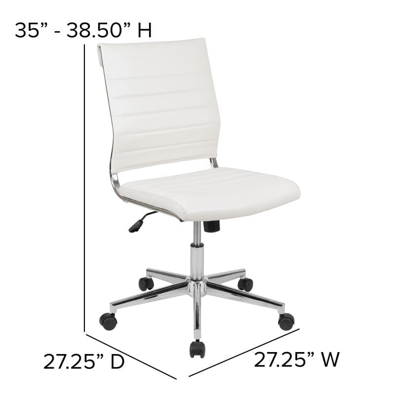 Hansel Mid-Back Armless White LeatherSoft Contemporary Ribbed Executive Swivel Office Chair