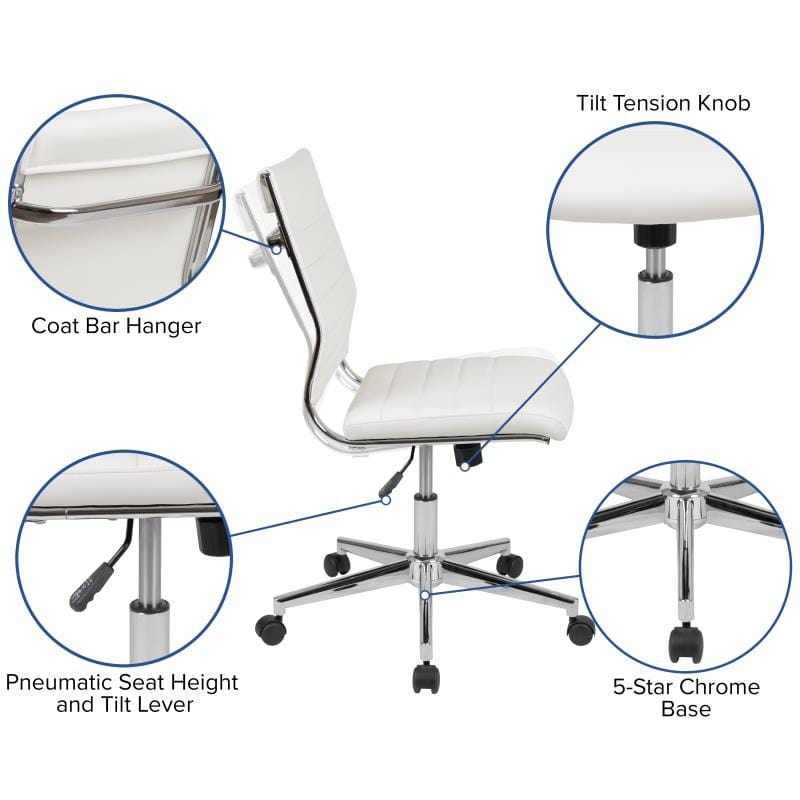 Hansel Mid-Back Armless White LeatherSoft Contemporary Ribbed Executive Swivel Office Chair