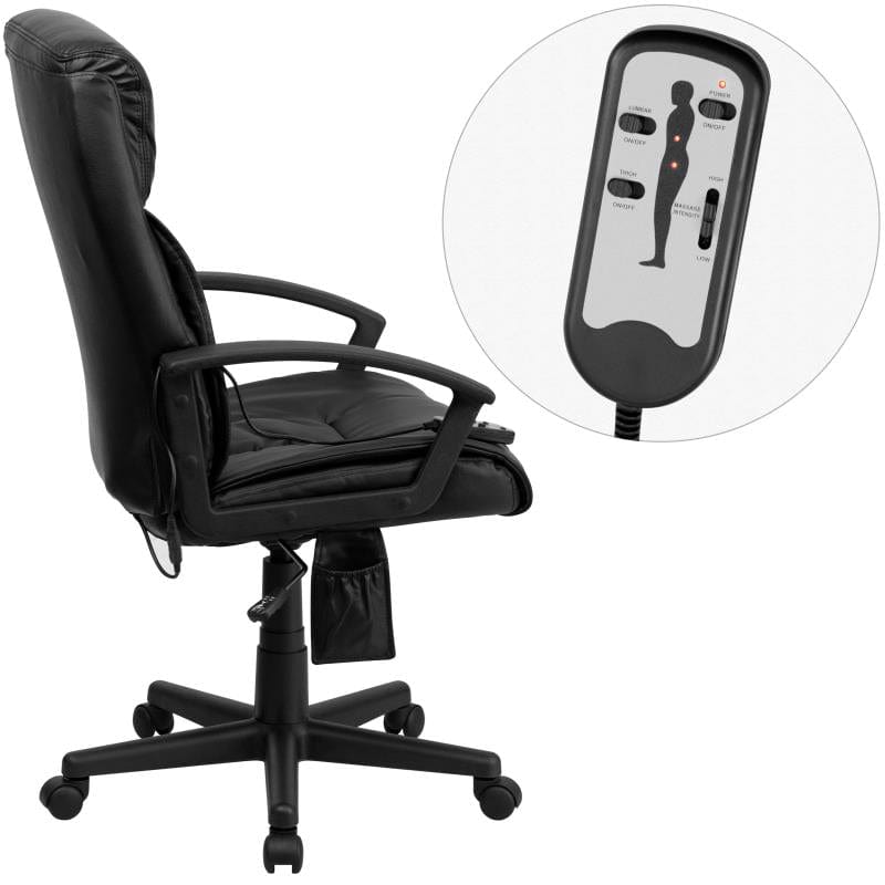 Sumter High Back Ergonomic Massaging Black LeatherSoft Executive Swivel Office Chair with Side Remote Pocket and Arms