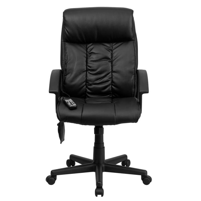 Sumter High Back Ergonomic Massaging Black LeatherSoft Executive Swivel Office Chair with Side Remote Pocket and Arms