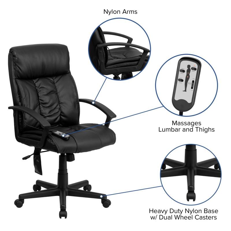 Sumter High Back Ergonomic Massaging Black LeatherSoft Executive Swivel Office Chair with Side Remote Pocket and Arms