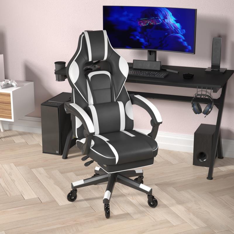 X40 Gaming Chair Racing Computer Chair with Fully Reclining Back/Arms and Transparent Roller Wheels, Slide-Out Footrest, - White