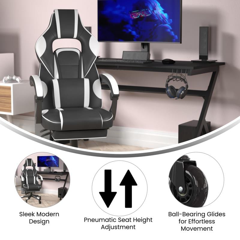 X40 Gaming Chair Racing Computer Chair with Fully Reclining Back/Arms and Transparent Roller Wheels, Slide-Out Footrest, - White