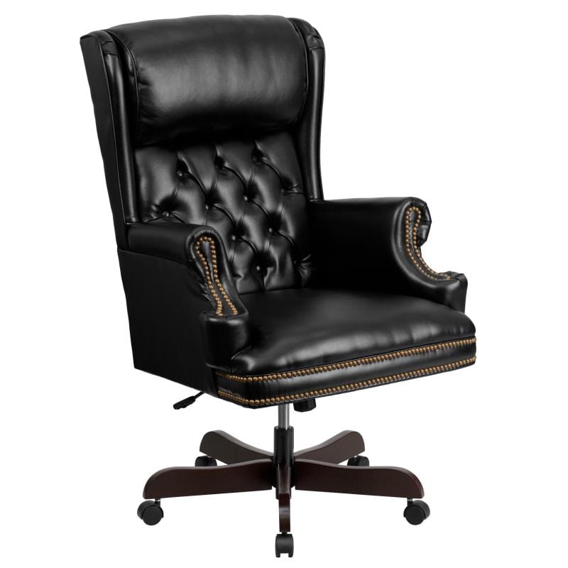 Ainslie High Back Traditional Tufted Black LeatherSoft Executive Ergonomic Office Chair with Oversized Headrest & Nail Trim Arms