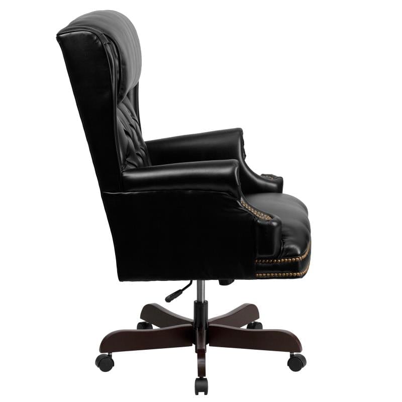 Ainslie High Back Traditional Tufted Black LeatherSoft Executive Ergonomic Office Chair with Oversized Headrest & Nail Trim Arms