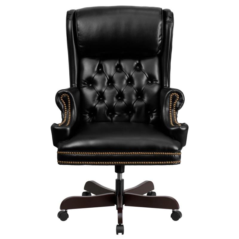 Ainslie High Back Traditional Tufted Black LeatherSoft Executive Ergonomic Office Chair with Oversized Headrest & Nail Trim Arms